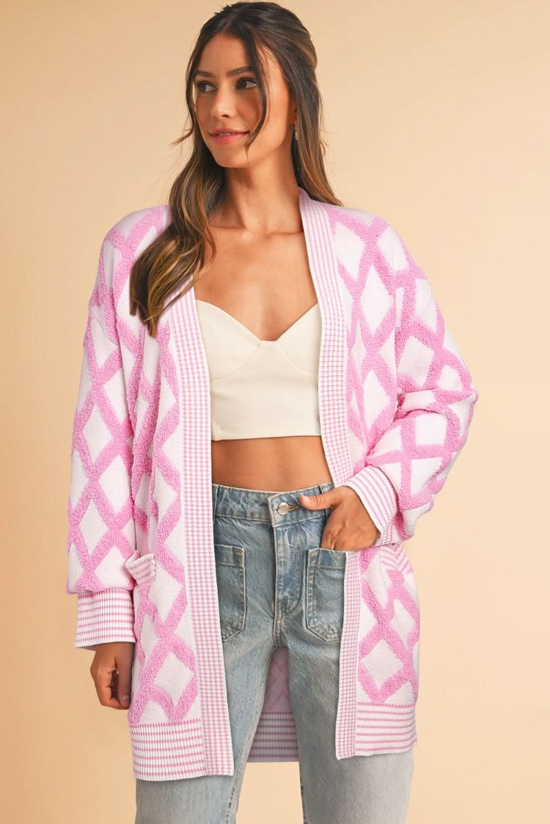 Pink Rhombus Pattern Knit Open Front Pocketed Cardigans - Love Salve